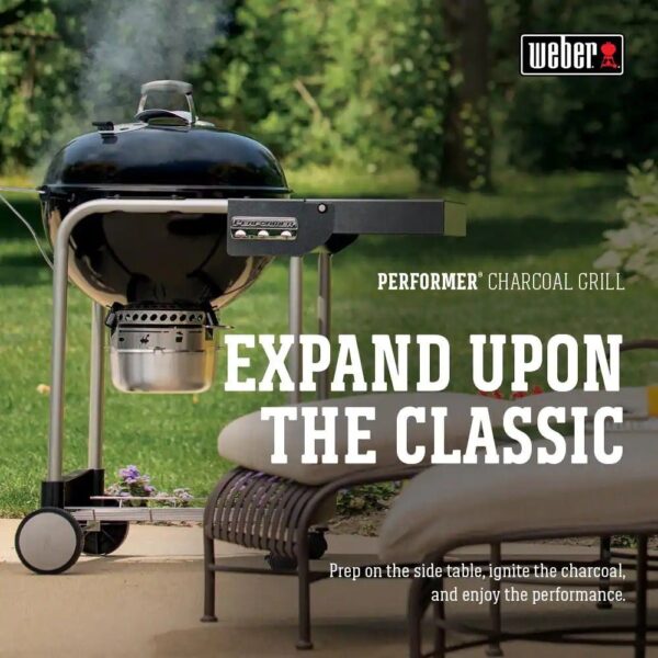 8f2e256c094b4c7eb998710a2382372c 22 in. Performer Charcoal Grill in Black with Built-In Thermometer and Storage Rack