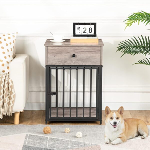 HOOBRO Dog Crate Furniture, Wooden Dog House, Decorative Dog Kennel with Drawer, Indoor Pet Crate End Table for Small Dog, Steel-Tube Puppy Cage, Chew-Proof, Rustic Brown and Black BF01GW03
