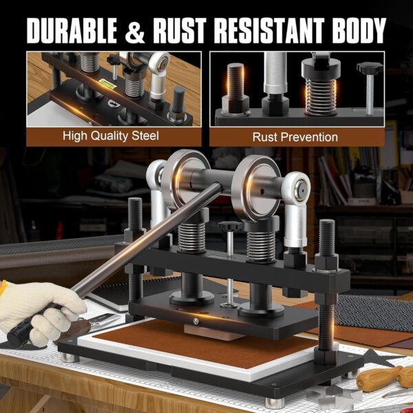Leather Cutting Machine, 260 x 150 mm Adjutable Manual Hand Press Leather Embossing Leathercraft Mold Die Cutter with 10.2 x 5.9 inches Upper Plate for Various of Materials, Matte Black
