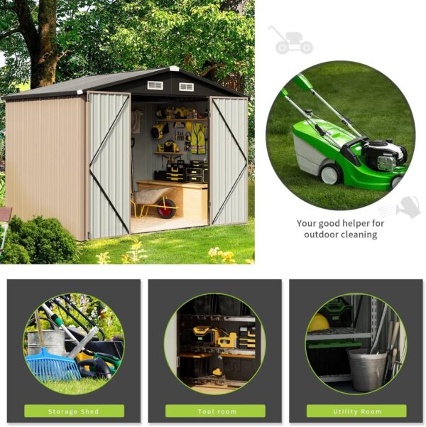 90dd92bc2c3b426ebc709965ce66efb9 Aoxun 6.2×4 FT Shed Outdoor Storage Shed Metal Garden Shed with Lockable Doors & Slooping Roof Tool Shed Bike Shed for Backyard, Patio, Poolside (Brown)