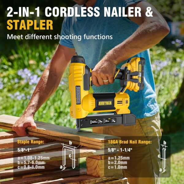 Alloyman 18 Gauge Nail Gun Battery Powered, 2 in 1 Cordless Brad Nailer/Electric Stapler with 2.0Ah Battery and Charger,1000pcs Nails and 500pcs Staples Included for Home Improvement & Woodworking