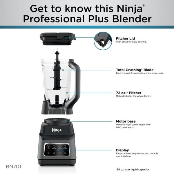 BN801 Professional Plus Kitchen System, 1400 WP, 5 Functions for Smoothies, Chopping, Dough & More with Auto IQ, 72-oz.* Blender Pitcher, 64-oz. Processor Bowl, (2) 24-oz. To-Go Cups, Grey