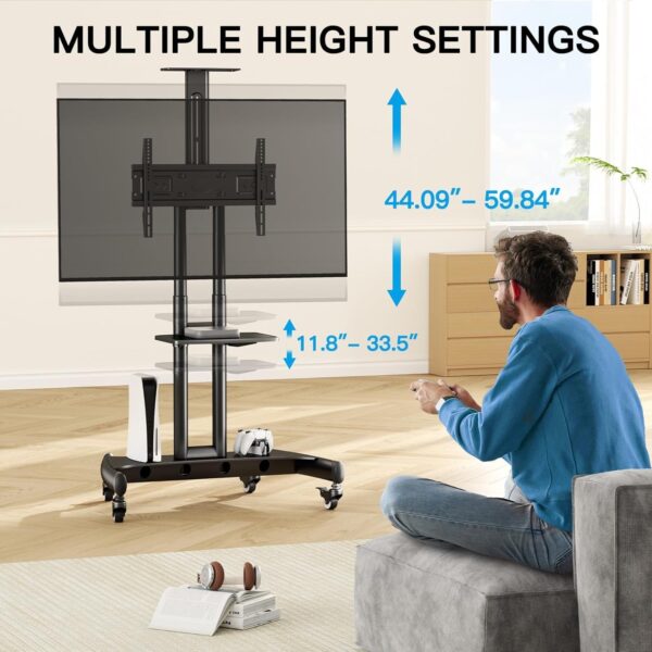 Rolling/Mobile TV Cart with Wheels for 32-82 Inch LCD LED 4K Flat Screen TVs – TV Floor Stand with Shelf Holds Up to 100 lbs, Height Adjustable Trolley Max VESA 600x400mm- PSTVMC05