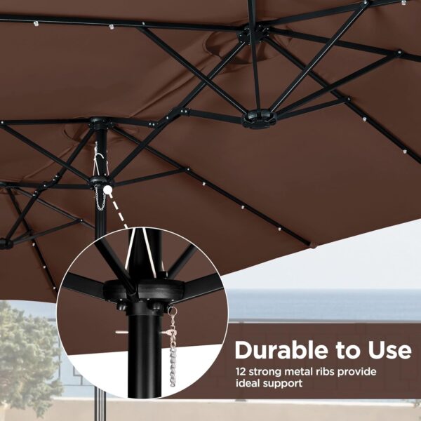930ca1e0ca4649d3b9aae057bb03e121 15 ft Large Patio Umbrella with Solar Lights Double-Sided Outdoor Rectangle Market Umbrellas with 36 LED Lights/Base Included/Easy Crank for Patio Garden Yard Pool Lawn, Brown