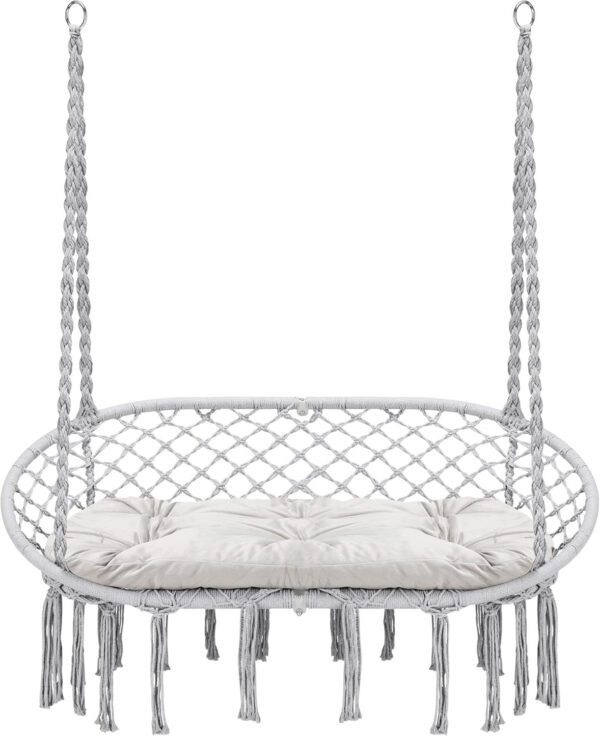 930d3c013d4c48c697309fe9f84c76b6 Hammock Chair Macrame Hanging Swing with Cushion,Hanging Cotton Ropes, Metal Frame, 450 lbs Capacity Indoor Outdoor, Patio, Balcony, Living,Deck, Yard, Garden(Double Swing) Beige