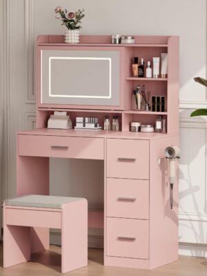 Vanity Desk with a Mirror and Lights,with Chair and Four Drawers, Three Adjustable Lighting Modes,with Power Outlet and Sliding LED Mirror,Bedroom Vanity Desk (White)