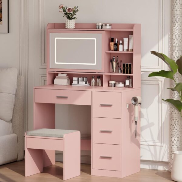 932a61abf4b54ee48134718ce3d50a7d Vanity Desk with a Mirror and Lights,with Chair and Four Drawers, Three Adjustable Lighting Modes,with Power Outlet and Sliding LED Mirror,Bedroom Vanity Desk (White)