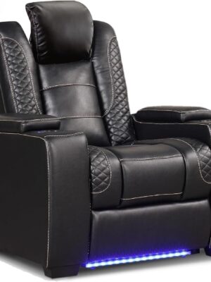 Power Home Theater Seating Set of 3, Brown Faux Leather Electric Recliner Chair with Powered Headrest, Dual Motors Movie Reclining Chairs with LED Lights,USB Port,Cup Holders, Hidden Arm Storage