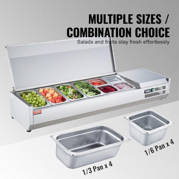 9439728d22a14839a5d98d6cdc4b46c6 Refrigerated Condiment Prep Station, 135 W Countertop Refrigerated Condiment Station, with 2 1/3 Pans & 4 1/6 Pans, 304 Stainless Body and PC Lid, Sandwich Prep Table with Stainless Guard, ETL