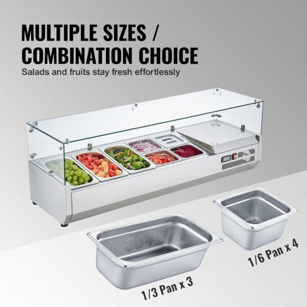 946ee84ca2324b8e8ca197bd64018eb9 Refrigerated Condiment Prep Station, 135 W Countertop Refrigerated Condiment Station, with 2 1/3 Pans & 4 1/6 Pans, 304 Stainless Body and PC Lid, Sandwich Prep Table with Stainless Guard, ETL