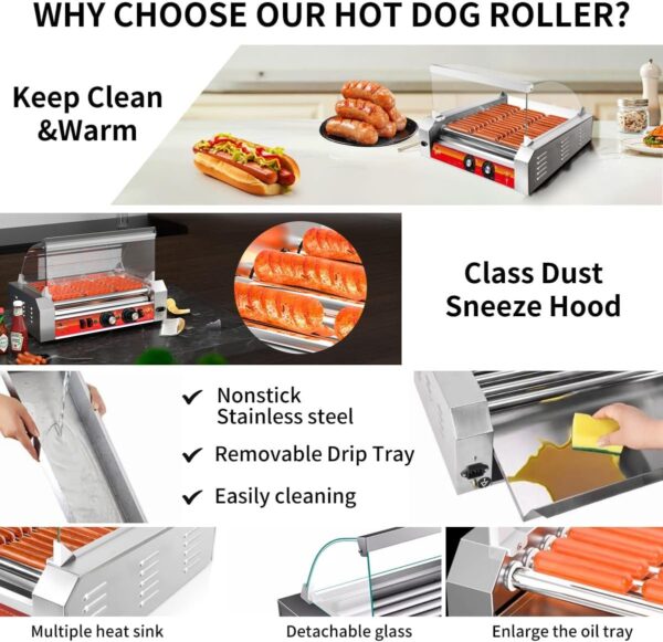 9473e55744e24fbd8fcf4f7a4a508a0b 1670W Commercial Hot Dog Rollers,11 Rollers 30 Hotdog Roller Grill,Stainless Steel Hot Dog Machine With Dust Cover,Hot Dog Roller Machine With Dual Temp Control And Led Light/Detachable Drip Tray