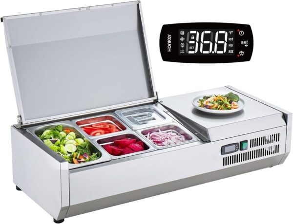 94b71714533346aca4aca58c951469ca Refrigerated Condiment Prep Station, 135 W Countertop Refrigerated Condiment Station, with 2 1/3 Pans & 4 1/6 Pans, 304 Stainless Body and PC Lid, Sandwich Prep Table with Stainless Guard, ETL