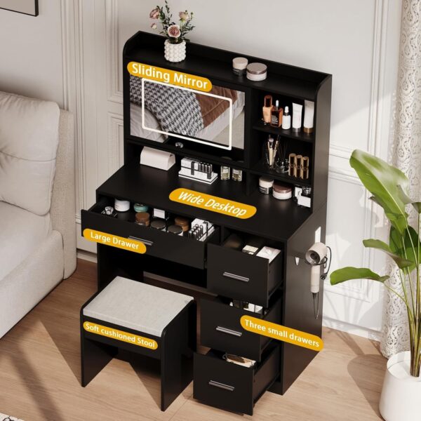 94ed830b05ed473bb0320558b93ed99c Vanity Desk with a Mirror and Lights,with Chair and Four Drawers, Three Adjustable Lighting Modes,with Power Outlet and Sliding LED Mirror,Bedroom Vanity Desk (White)