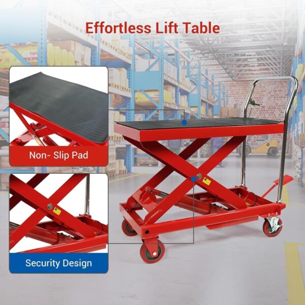 500LBS Hydraulic Lift Table Cart, 30′′ Lifting Height., Double Scissor Lift Table with 4 Wheels and Non-Slip Pad, Hydraulic Scissor Lift Table for Material Handling and Transportation