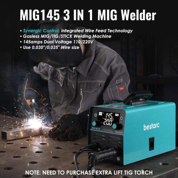 951f8381e31f4b9ab90a30ad041dfe13 145A MIG Welder, 110V/220V Dual Voltage Gas/Gasless Flux Core MIG Welder/Lift TIG/Stick 3 in 1 Synergic MIG145 9GEN Welding Machine, Flux/Solid Welder Digital Screen Display