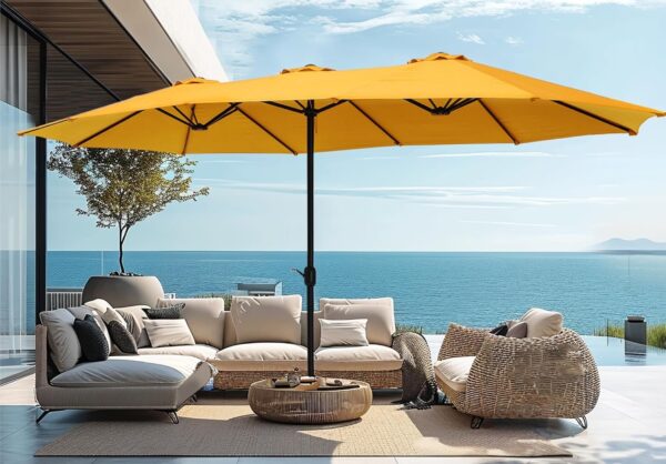 95648a6d68134ceb90764bfae1b8bdff 15ft Patio Umbrella Double-Sided Outdoor Market Extra Large Umbrella with Crank, Umbrella Base Included (Dark Red)