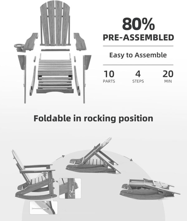 95d024c3d558463996d03cd1941c883f Folding Adirondack Rocking Chair,4-in-1 Multifunctional Patio Chair with Retractable Ottoman, Outdoor Chair Wood Texture, Lawn Chair for Porch, Backyard, Pool(Grey)