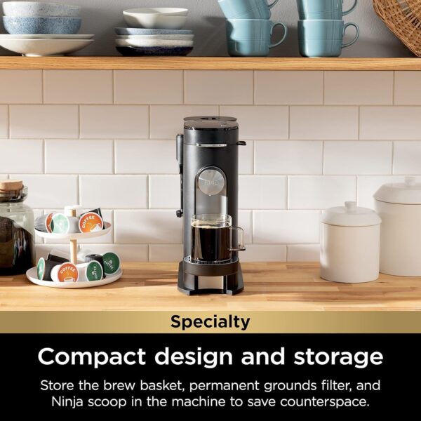 Ninja Pod & Grounds Specialty Single-Serve Coffee Maker, K-Cup Pod Compatible, Brews Grounds, Compact Design, Built-In Milk Frother, 56-oz. Reservoir, 6-oz. Cup to 24-oz. Mug Sizes, Stone, PB051ST