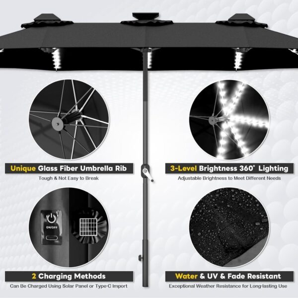 9686c0298a86433a9a6dbfa8cfca27c9 15ft Patio Umbrella with Solar Lights, Large Double Umbrella Outdoor, Rectangle 180”x106” Umbrellas with 156 PCS LED Lights and Crank Handle for Backyard Deck Pool Shade in Black(1.9′′ Pole)
