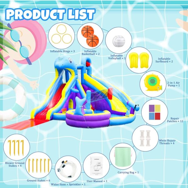 97861f0aa5a440c9b3839845b5c842fd 11-in-1 Inflatable Water Slide & Dolphin Bounce House w/2 Long Slides, 19.7 Ft x 13.1 Ft Extra Large Waterslide Climbing Wall w/Small Deeper Pool,Water Cannons,Hoop for Kids Backyard,550W Blower