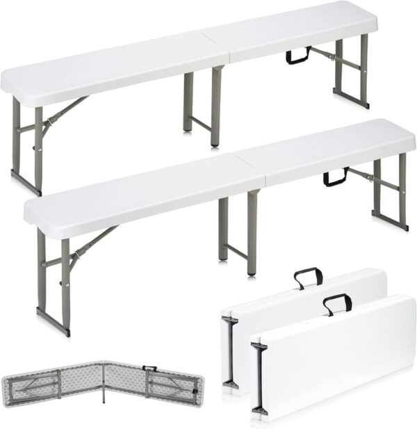 6ft Plastic Folding Bench with Carrying Handle & Lock, Portable Outdoor Bench in Garden Picnic Camping Dining Party Seat, Waterproof Bench for Soccer Activities, Firm and Durable(2 Pack A)