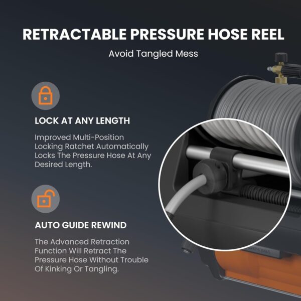 Pressure Washer Pro, Electric Wall Mount Power Washer with 100FT Retractable Pressure Hoses, 3300PSI, 1.6GPM, 4 Nozzles, Foam Cannon for Cars/Patios, Dark Silver