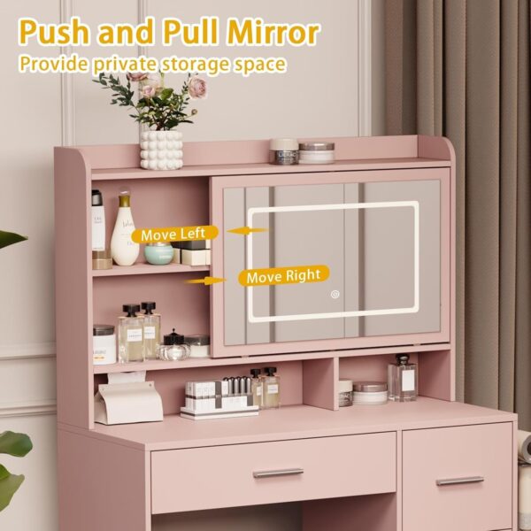 99a79efcdc7548dc8a5e013700270009 Vanity Desk with a Mirror and Lights,with Chair and Four Drawers, Three Adjustable Lighting Modes,with Power Outlet and Sliding LED Mirror,Bedroom Vanity Desk (White)