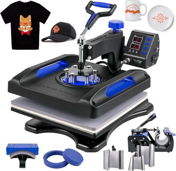 99f9de09e1a54654a300e355b37503ab 8-in-1 Heat Press Machine, 15×15 Inch, Combo with Tumbler Press, 360° Swing Away, Digital Multifunction for T-Shirts, Mugs, Hats, Plates, Black/White