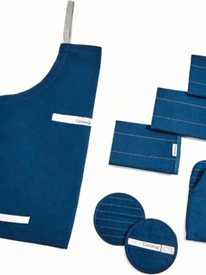 Linen Set – Apron, Pot Holders, Oven Mitts, & Tea Towels – 100% Organic Cotton – Durable, Machine Washable