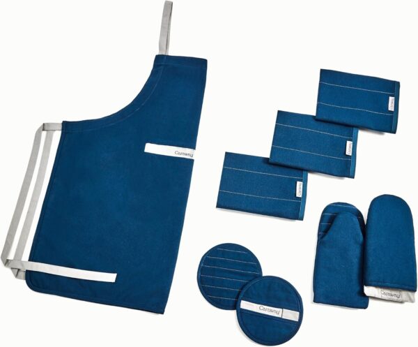 Linen Set – Apron, Pot Holders, Oven Mitts, & Tea Towels – 100% Organic Cotton – Durable, Machine Washable