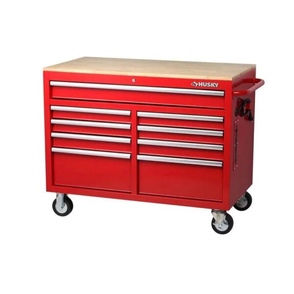 9b18cb8894ad476c83771da6ca0371da 46 in. W x 24.5 in. D 9-Drawer Gloss Black Deep Tool Chest Mobile Workbench with Hardwood Top and Power Station