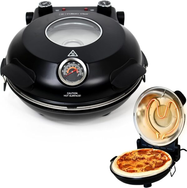 Electric Pizza Oven with Ceramic Stone, Viewing Window, Adjustable Heat Control, Timer and 1200W Baking Power, DIY Homemade Pizzeria, Large 12” Pie Capacity (Black)