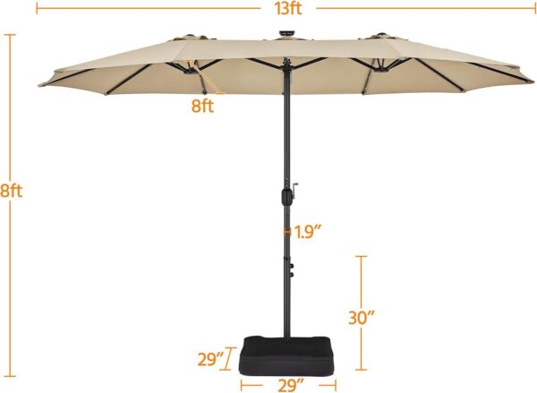 9b4a1aaed81e4051a66c49bfb5267230 15 ft Large Patio Umbrella with Solar Lights Double-Sided Outdoor Rectangle Market Umbrellas with 36 LED Lights/Base Included/Easy Crank for Patio Garden Yard Pool Lawn, Brown