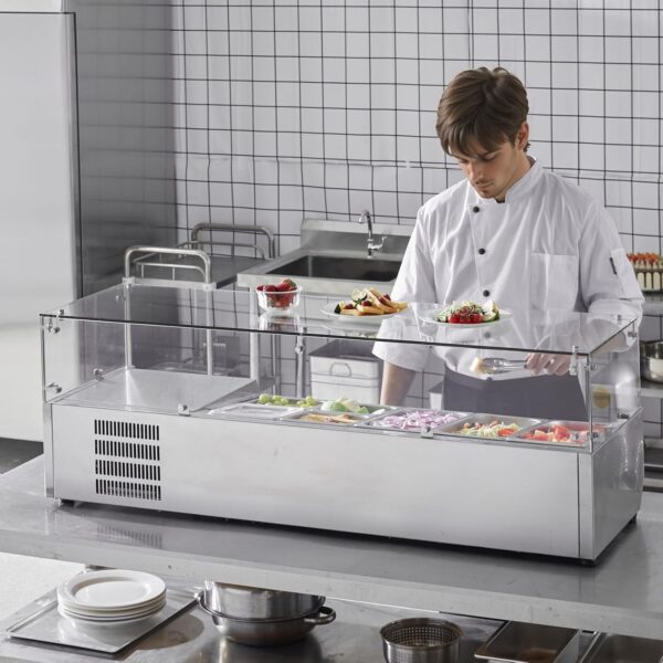 9bf31a0d277f4f37be17e6ffd3443336 Refrigerated Condiment Prep Station, 135 W Countertop Refrigerated Condiment Station, with 2 1/3 Pans & 4 1/6 Pans, 304 Stainless Body and PC Lid, Sandwich Prep Table with Stainless Guard, ETL