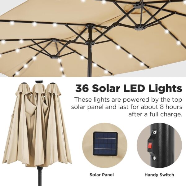 9c5647ed6dd3459aa1e8b6fd8b799823 15 ft Large Patio Umbrella with Solar Lights Double-Sided Outdoor Rectangle Market Umbrellas with 36 LED Lights/Base Included/Easy Crank for Patio Garden Yard Pool Lawn, Brown