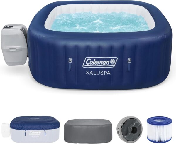 9cf44eb25dc04ce4abbe8e32ee63cb1b 4 to 6 Person Inflatable Hot Tub Square Portable Outdoor Spa with 114 Soothing AirJets and Insulated Cover, Gray-Coleman