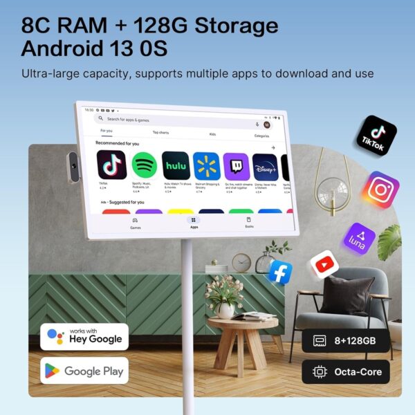9d4aadeeba584d3eacae9cc0d5373b8d 32-Inch Portable TV, 1080P FHD Rolling TV on Wheels with Rotatable Touch Screen, Android 13 OS, 8G RAM+128G Storage, Built-in Battery, Full Swivel Rotation, Voice Remote