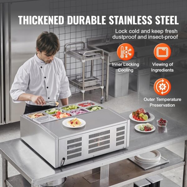 9d65f0c8cce543cfaaac04451b5a6c06 Refrigerated Condiment Prep Station, 135 W Countertop Refrigerated Condiment Station, with 2 1/3 Pans & 4 1/6 Pans, 304 Stainless Body and PC Lid, Sandwich Prep Table with Stainless Guard, ETL