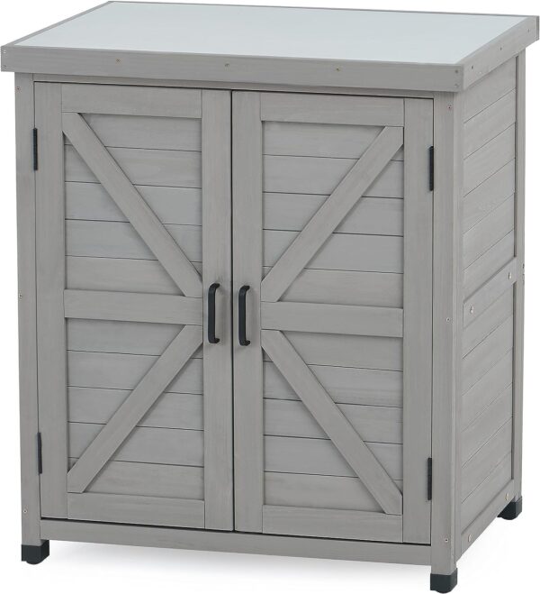 9d88ad0539784649a662a3658a391ae5 Potting Bench with Storage Cabinet and Metal Table Top for Outdoor Patio, Garden Furniture Wood Workstation