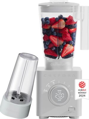 Chefman Obliterator 48 oz Countertop Blender for Smoothies, 1380W Motor to Crush Ice, Nuts, and Frozen Fruit with Stainless Steel Blade, Auto Blend Function, Includes 20 oz Travel Jar – Midnight