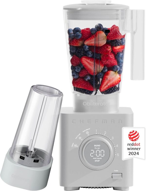 Chefman Obliterator 48 oz Countertop Blender for Smoothies, 1380W Motor to Crush Ice, Nuts, and Frozen Fruit with Stainless Steel Blade, Auto Blend Function, Includes 20 oz Travel Jar – Midnight