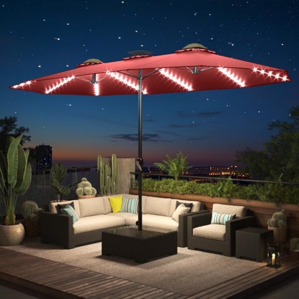 9e53f8df2c7e4f0c82c44ad69fdd8f2a 15ft Patio Umbrella with Solar Lights, Large Double Umbrella Outdoor, Rectangle 180”x106” Umbrellas with 156 PCS LED Lights and Crank Handle for Backyard Deck Pool Shade in Black(1.9′′ Pole)