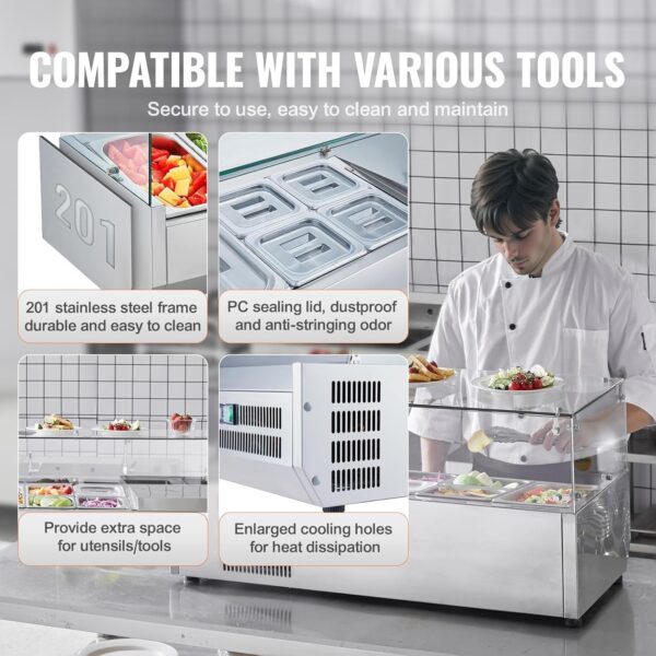 9e73a2d69a5d44c49f515d38bea17e7c Refrigerated Condiment Prep Station, 135 W Countertop Refrigerated Condiment Station, with 2 1/3 Pans & 4 1/6 Pans, 304 Stainless Body and PC Lid, Sandwich Prep Table with Stainless Guard, ETL