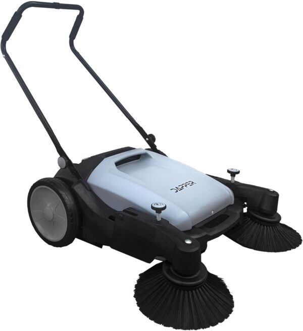 9e77949293c04fca9a5d6fca62a4442f Walk-Behind Outdoor Hand Push Floor Sweeper – 5.25 Gallon Capacity – 25.5′′ Sweeping Width – Sweeps up to 27,900 ft2 / Hour, Grey