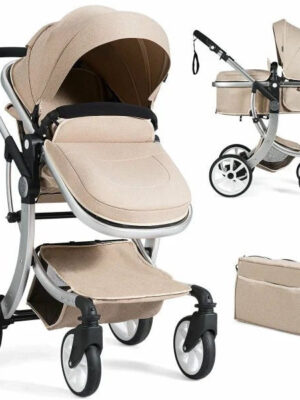 Costway Folding Aluminum Infant Bassinet Reversible Baby Stroller W/ Diaper Bag Beige