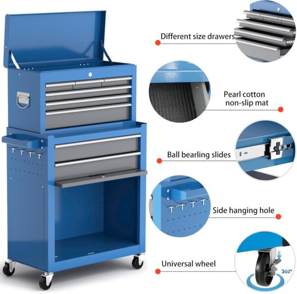 9e902e2a96af4e82bc2b9e9103b3830a Tool Chest 8-Drawer | 42” Large Rolling Tool Chest with Wheels | Detachable Top Metal Tool Box | Garage Storage Cabinet for Repair Room,Warehouse | Rolling Tool Box with Hooks,Liners,Tray Divider