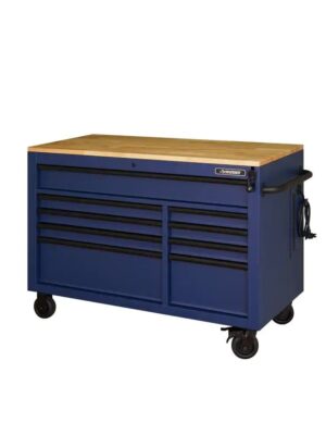 Heavy-Duty 52 in. 9-Drawer Mobile Workbench with Adjustable-Height Solid Wood Top in Matte Blue
