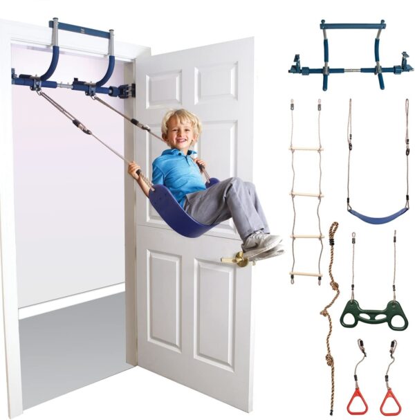 6 Piece Indoor Doorway Gym Set for Kids �� Indoor Swing for Kids Includes Kids Swing Chair, Rings, Hanging Trapeze, Ladder, Swinging Rope & Pullup Bar