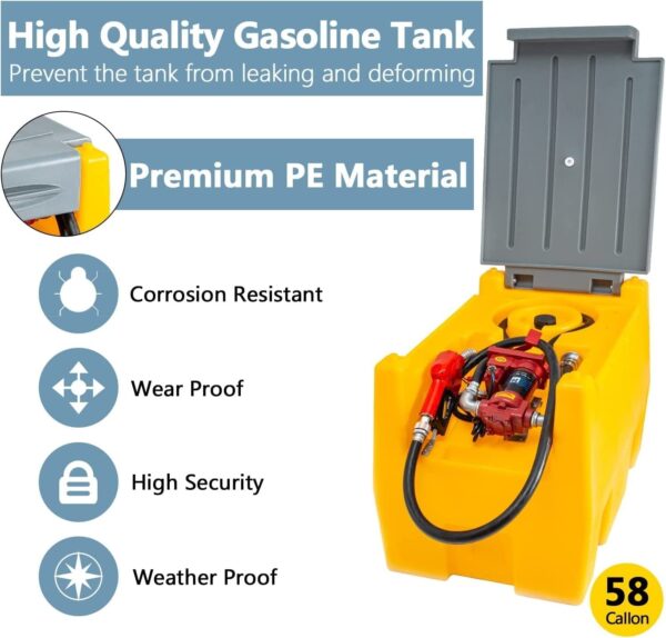 9fb140eb0edc4edcb76207f34d5e7ef0 TECSPACE 58 Gallon Gasoline Tank, Portable Fuel Tank with 12V Electric Fuel Transfer Pump, 40 GPM Gasoline Fuel Tank with 4 Meters Hose for Gasoline Transportation (Yellow, 58 gal)