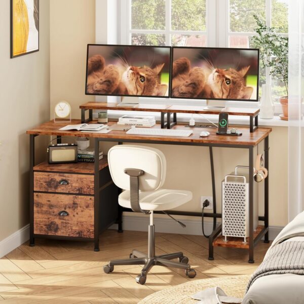 9fc8972e083e477dad73130c6e0e89ac Furologee Computer Desk with Drawer and Power Outlets, 47′′ Office Desk with 2 Monitor Stands and Fabric File Cabinet, Writing Gaming Table with Shelves and 2 Hooks for Home Office, Rustic Brown